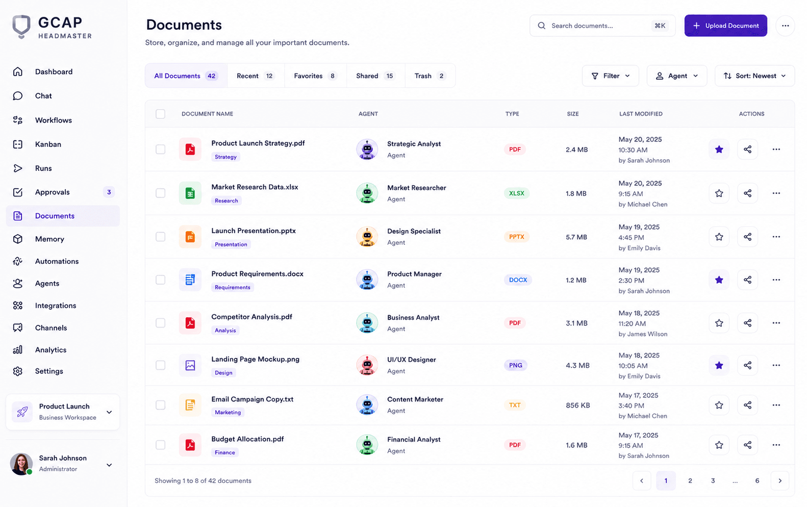 Documents page showing approved workspace files and knowledge sources.