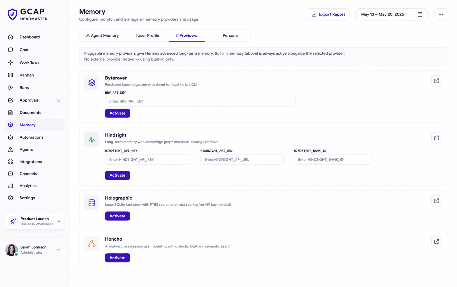 Memory page showing agent memory, user profile, providers, and persona tabs.