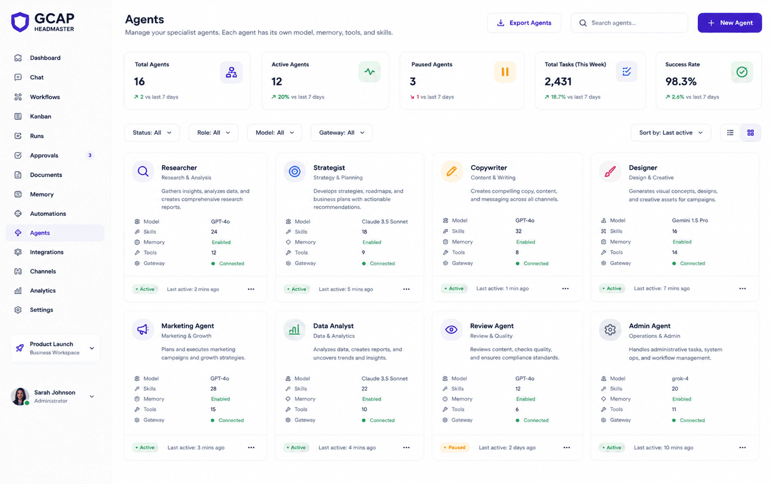 Agents page showing specialist agent profiles with models, memory, skills, and tools.