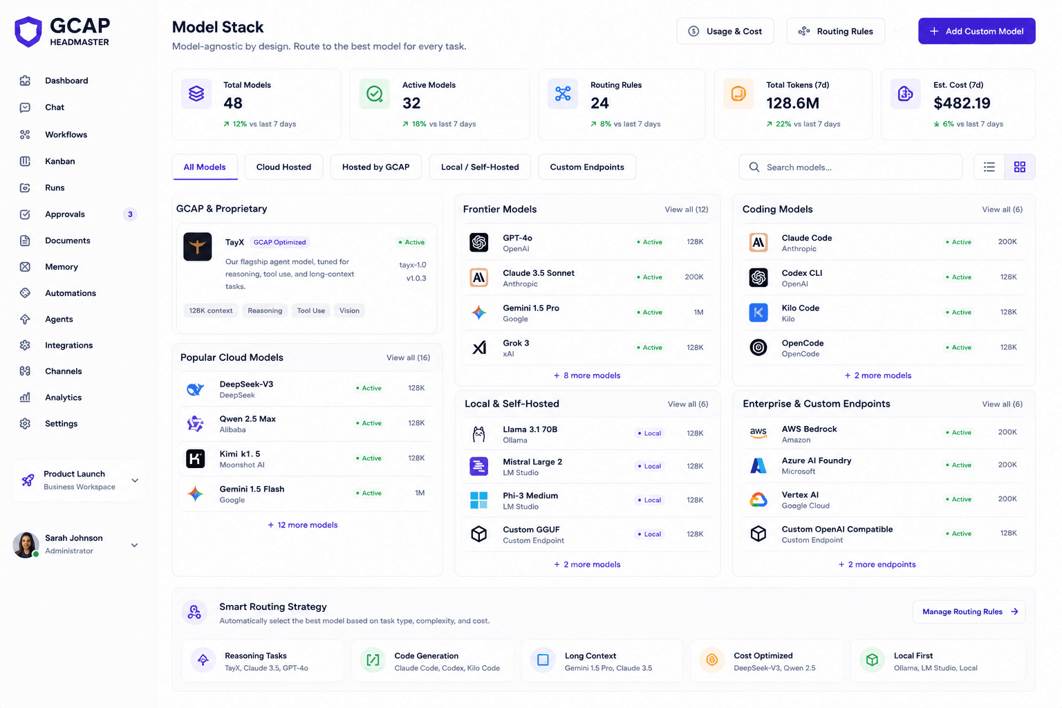 Model stack page showing TayX, cloud models, coding models, local models, and enterprise endpoints.