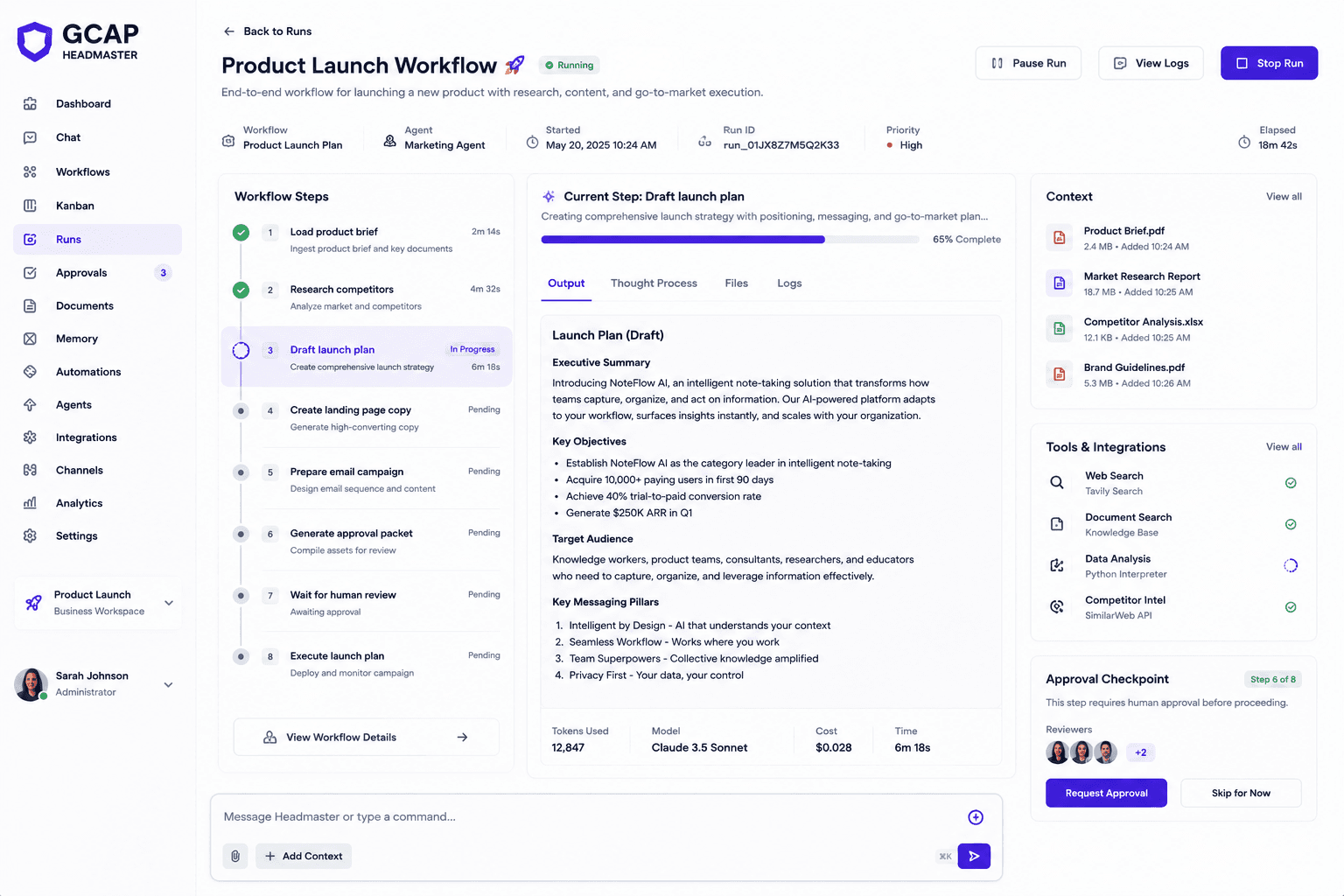Guided workflow run showing steps, context, tools, output preview, and approval checkpoint.